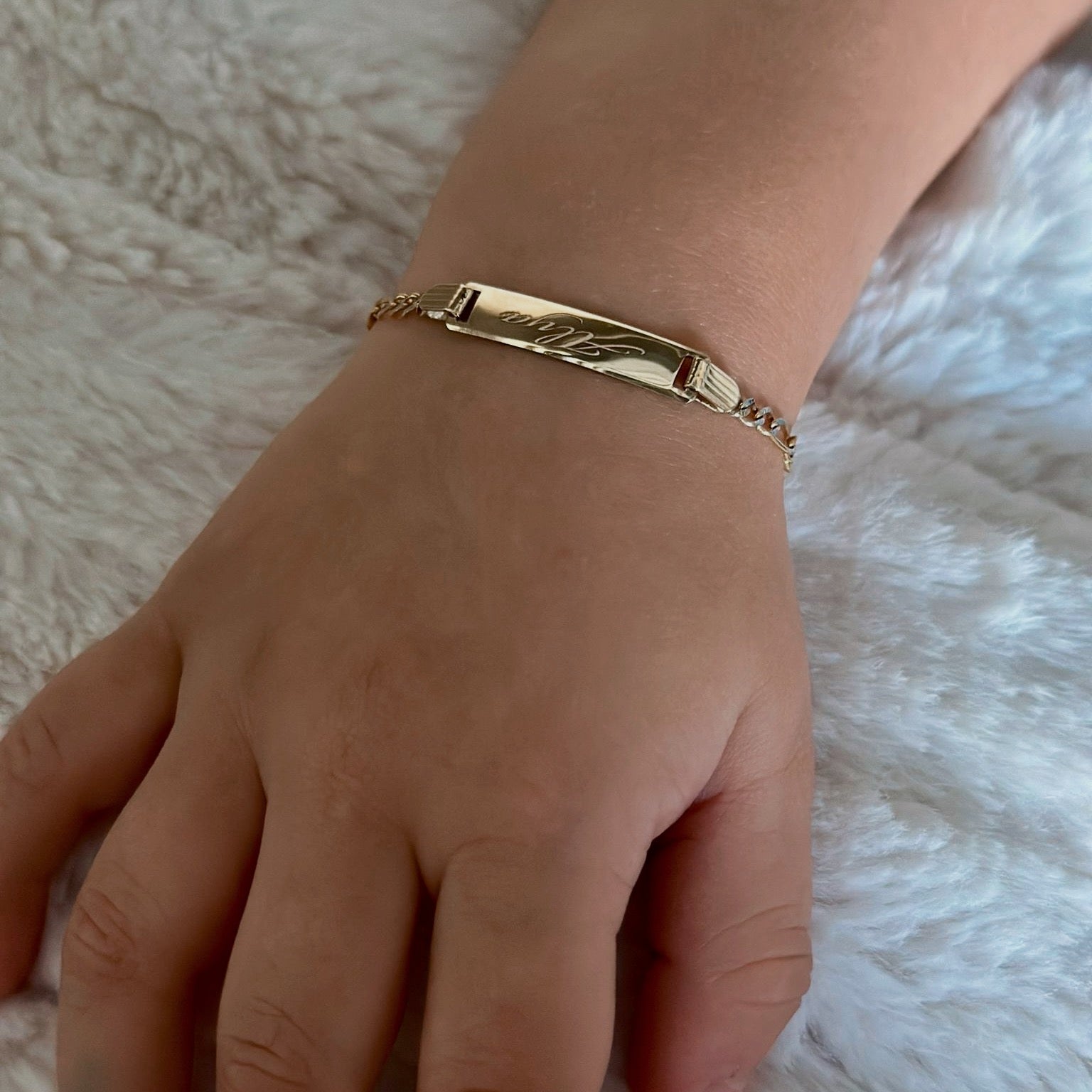 14K Kids Gold ID Bracelet with Name Engraved and Wide Figaro Pavé Links