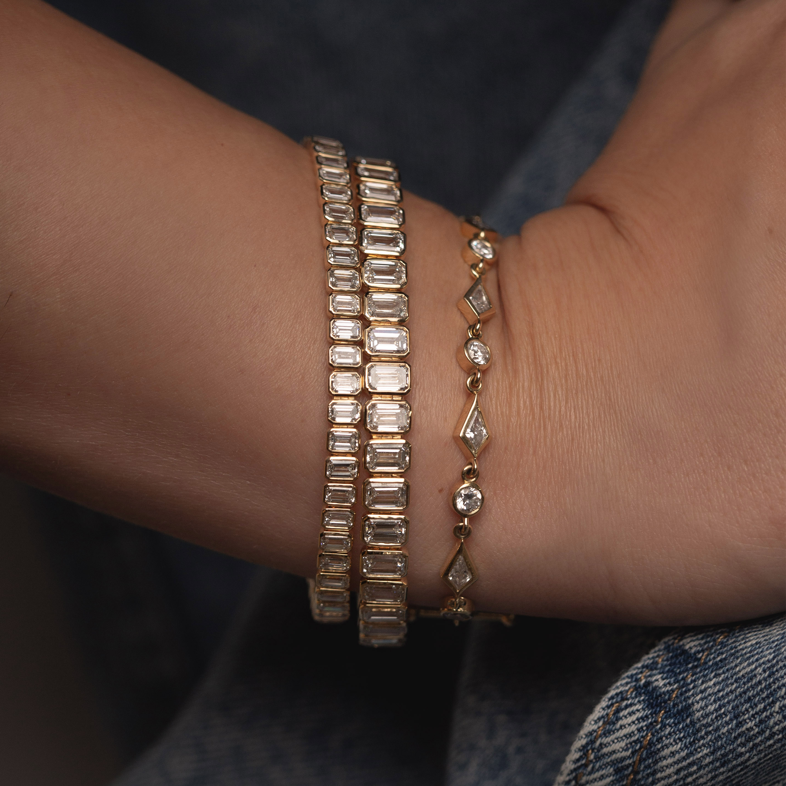 Bezel Set East West Emerald Diamond Tennis Bracelet SMALL